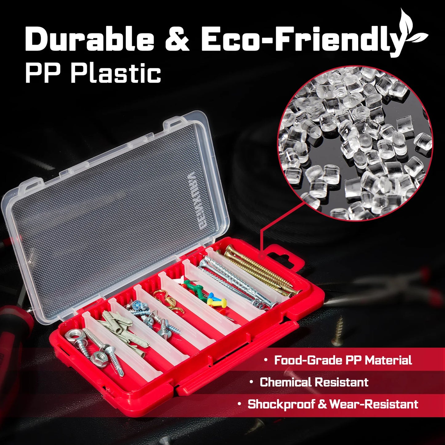 Flacher Kleinteile-Organizer Rot – transparent, tragbar, m. Trennwänden