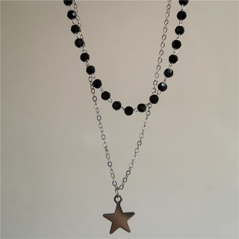 Unisex Doppelschicht Kette mit Punk Stern Herz und Kreuz Edelstahl