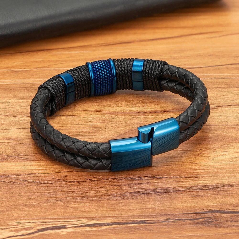 Doppelschichtiges geflochtenes Lederarmband Herren mit Edelstahl Charm