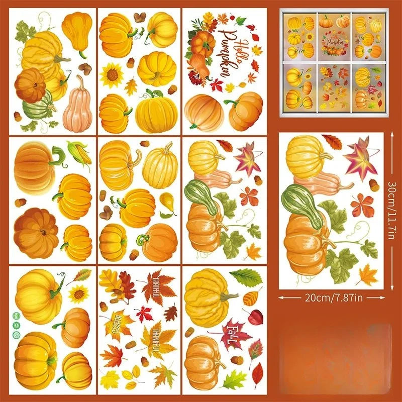9teiliges Herbst Deko Set Fensteraufkleber Kürbis Ahornblatt Katzen Hunde