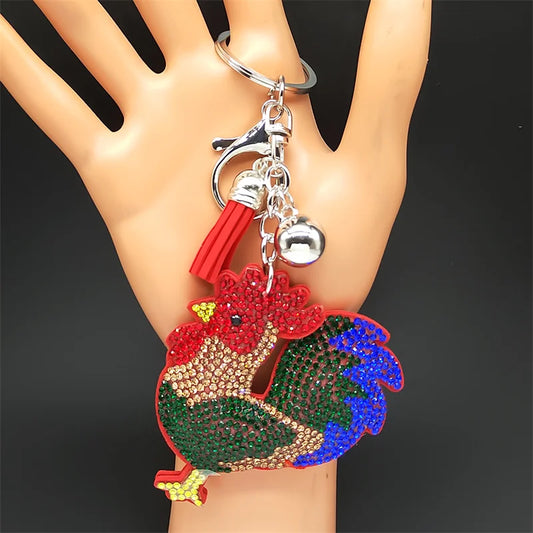 Bunter großer Hahn Schlüsselanhänger mit Kristallen Leder Metall Silbern