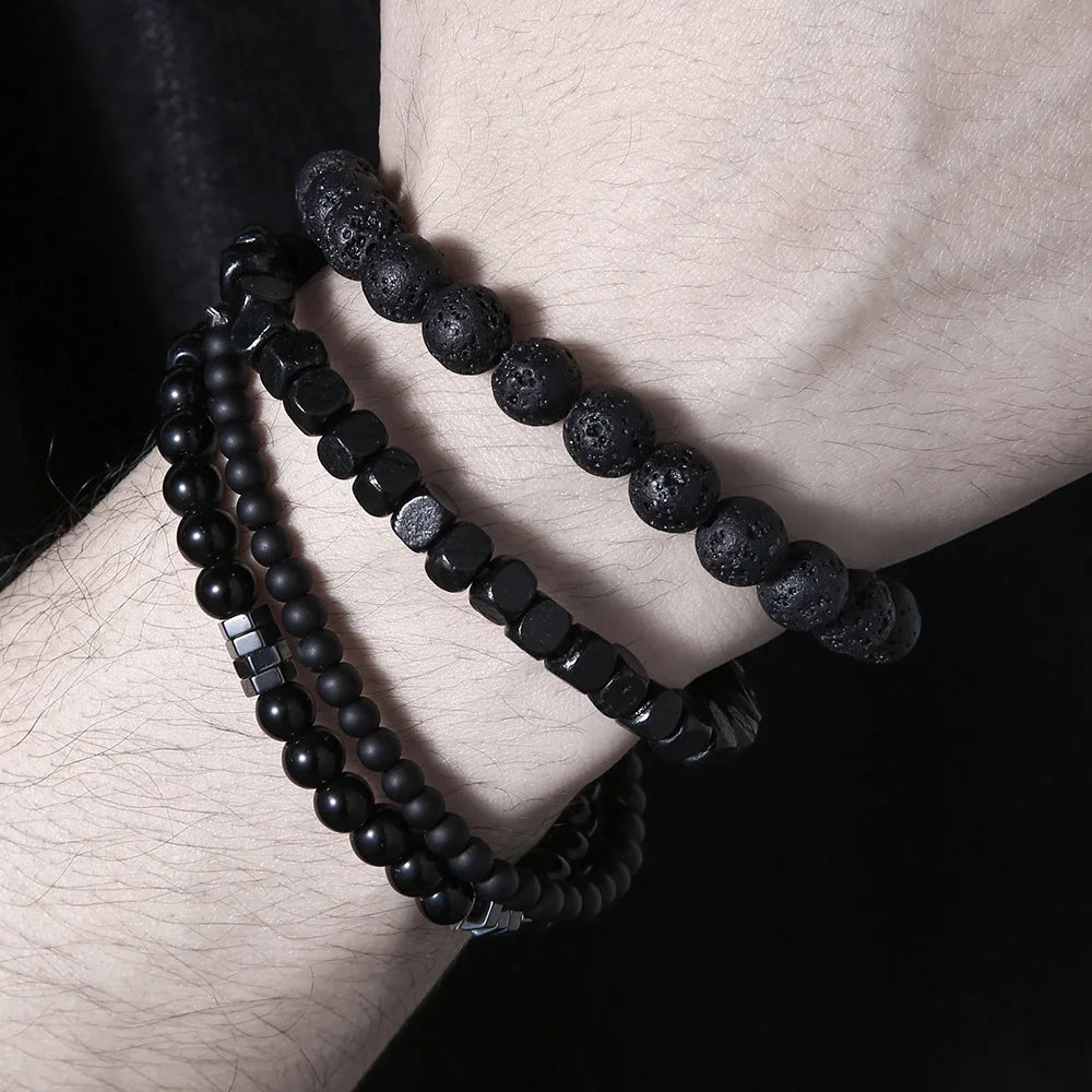 Vulkangestein Armband Set mit Holzperlen elastisch für Damen Herren