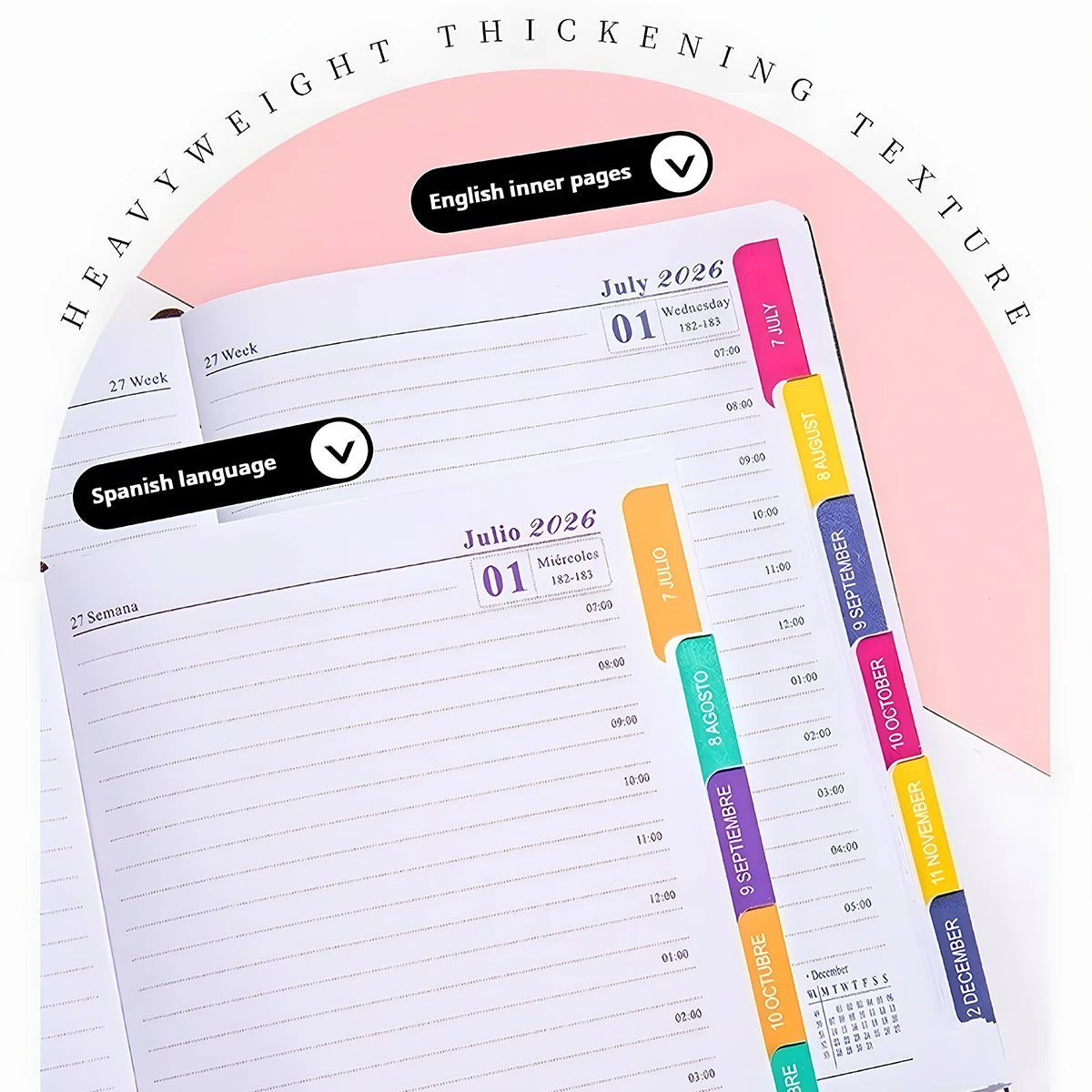 2026 Planer A5 PU-Ledereinband Spanisch Englisch wöchentlicher Monatsplaner