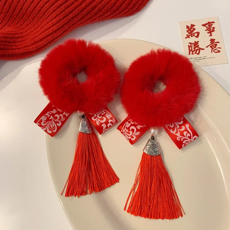 Traditionelle rote Quasten Haar Schlaufen – 2 Stück Polyester für Mädchen