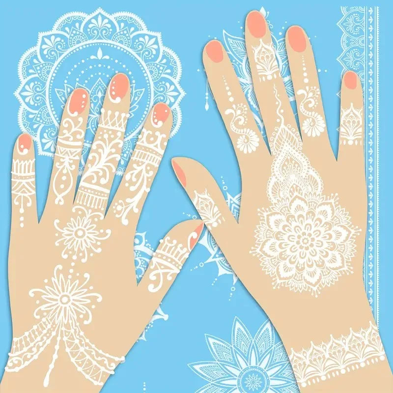 6 Blatt Weiße Henna Tattoos Boho Wassertransfer Körpertattoos Damen