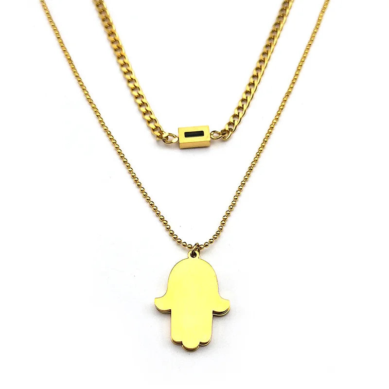 Hamsa Hand Türkisches Auge Kristall Halskette Edelstahl Gold Doppelschicht