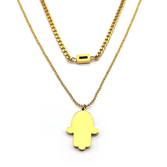 Hamsa Hand Türkisches Auge Kristall Halskette Edelstahl Gold Doppelschicht