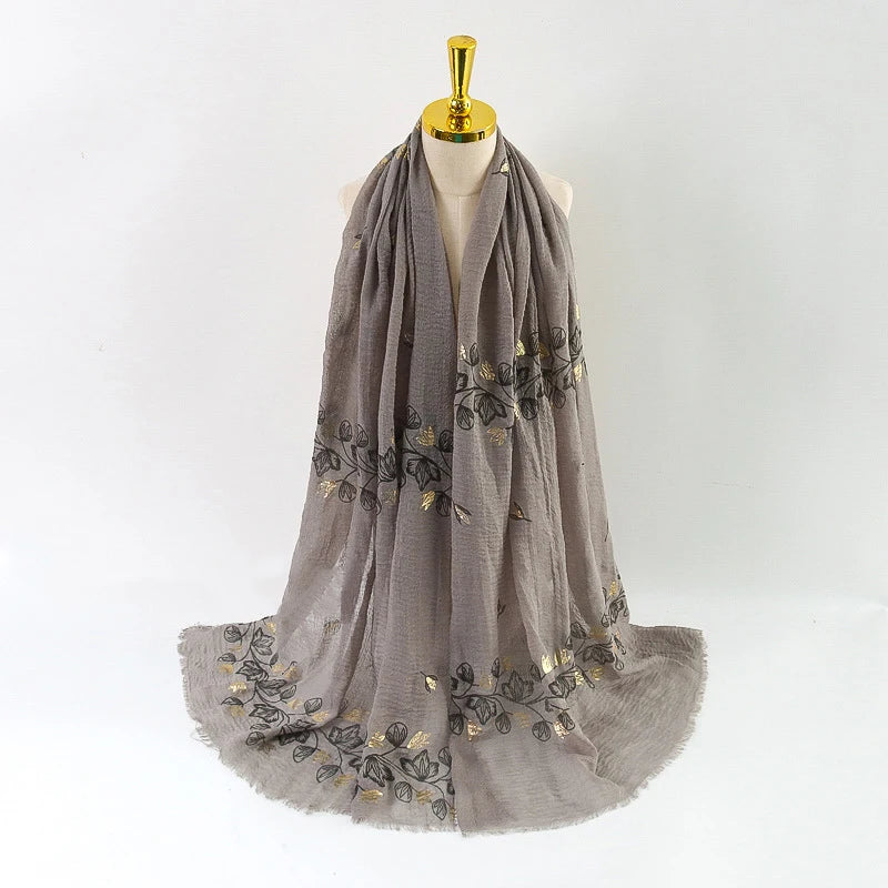 Damen Baumwoll-Leinen Schal Gold Bedruckt Quadratisch Kleine Blumenmuster