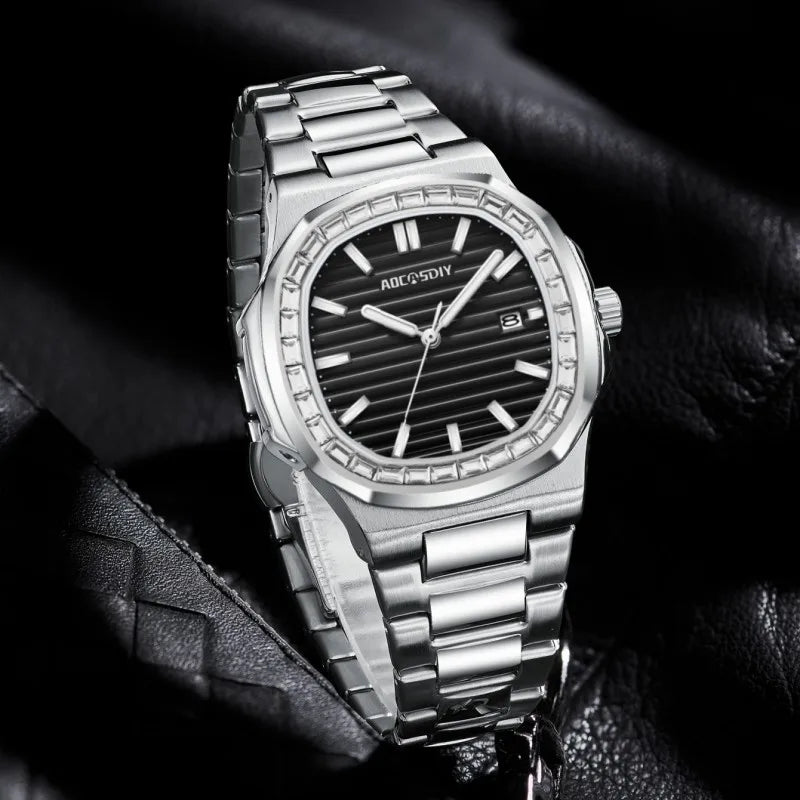 Herren Business Uhr mit Strass wasserdicht leuchtend und Kalender