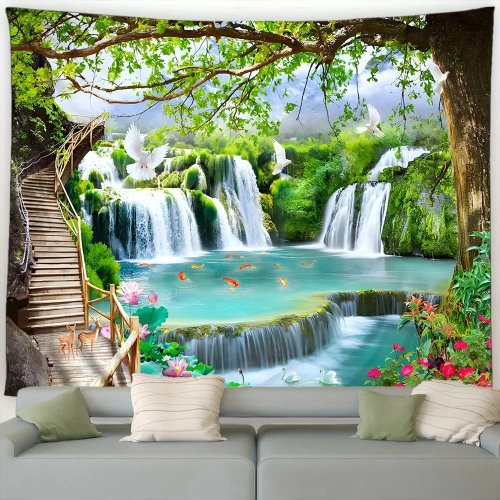 Ländliche Landschafts Tapisserie mit Wald und Wasserfall Motiv