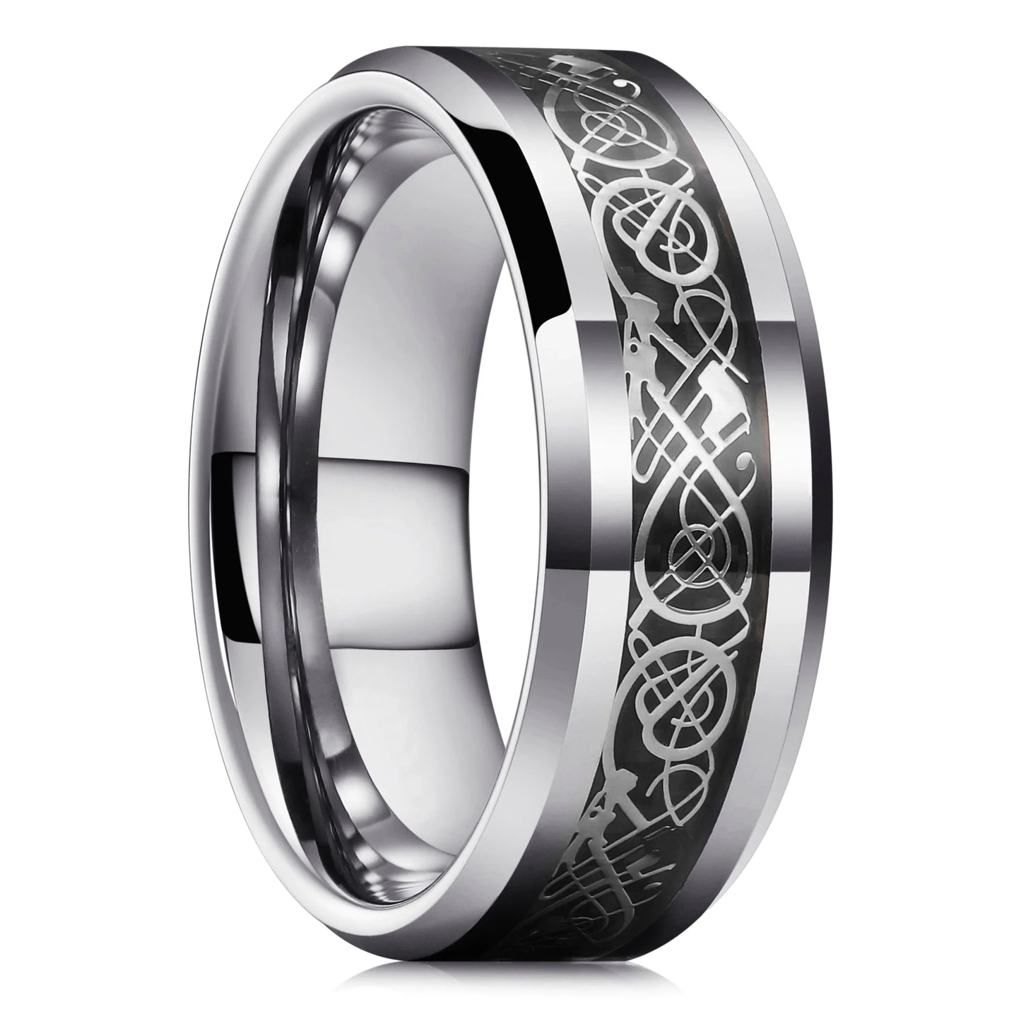 Eleganter Edelstahlring mit keltischem Drachen und Carbon Inlay