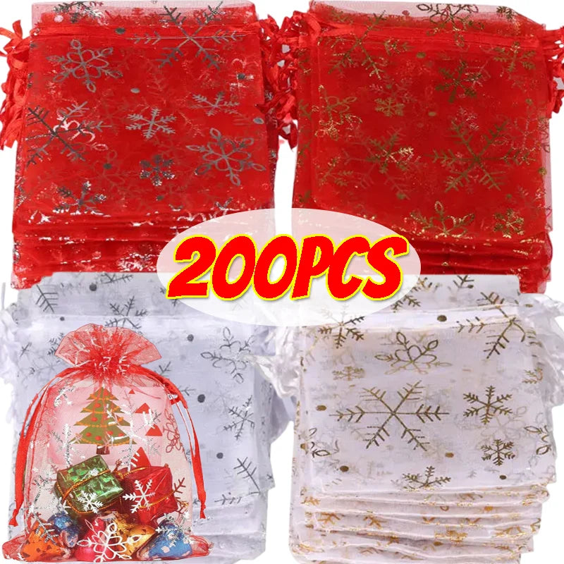 Weihnachts Kordelzug Taschen Rot Transparent Organza 10 bis 200 Stück