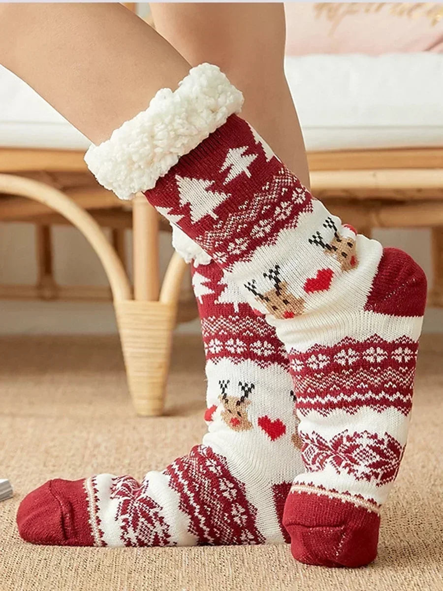 2er Set flauschige Damen Thermo-Socken rutschfest warm Plüsch Weihnachten