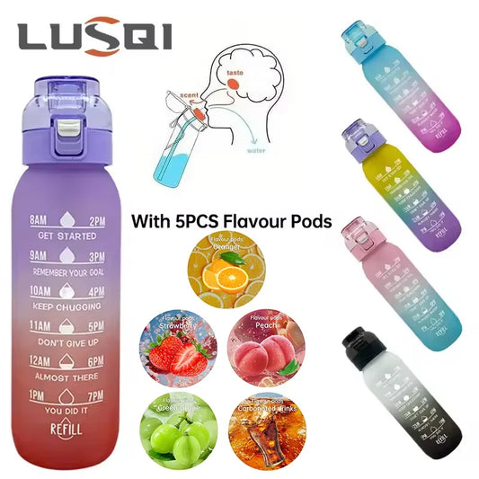 LUSQI 1000ML Geschmackswasser Flasche mit Stroh & 5 Geschmackspods