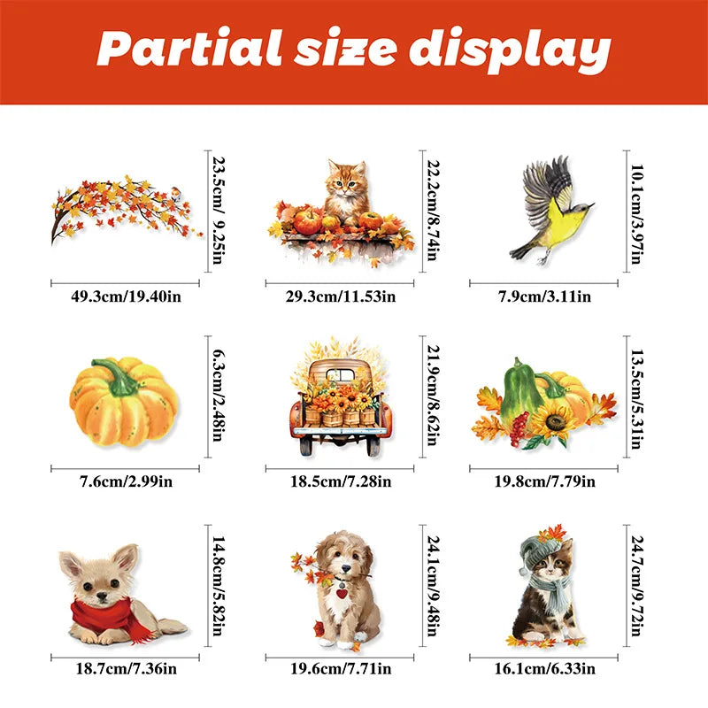 9teiliges Herbst Deko Set Fensteraufkleber Kürbis Ahornblatt Katzen Hunde