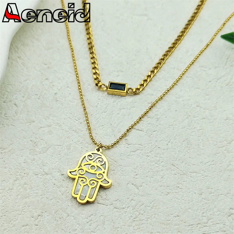 Hamsa Hand Türkisches Auge Kristall Halskette Edelstahl Gold Doppelschicht