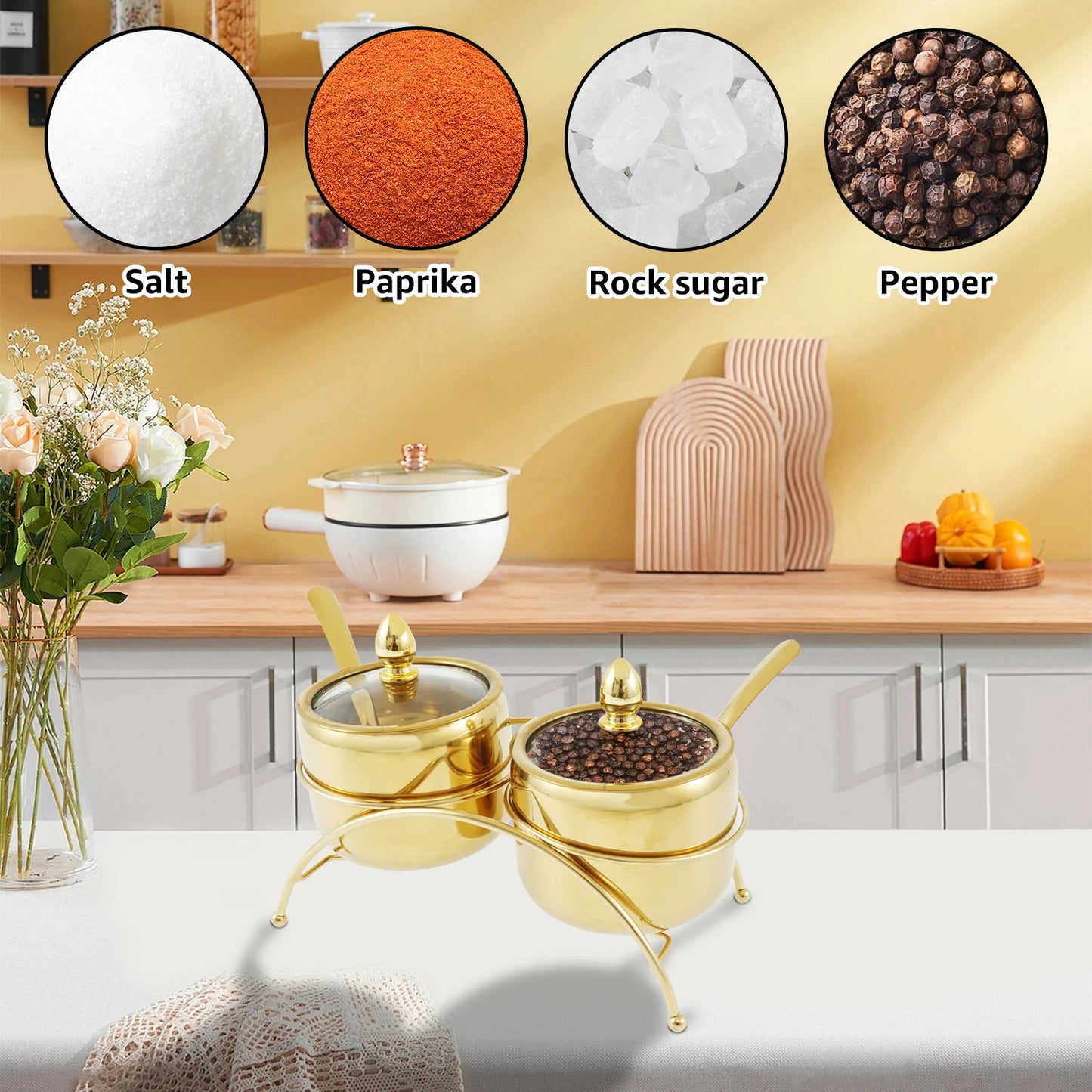 2er Set Edelstahltöpfe Gewürzbox mit Löffel Gold Gewürzregal Pfeffer