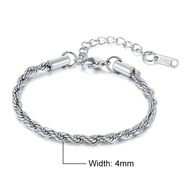 Verstellbares Edelstahl Armband mit gedrehter Seilkette für Damen und Herren