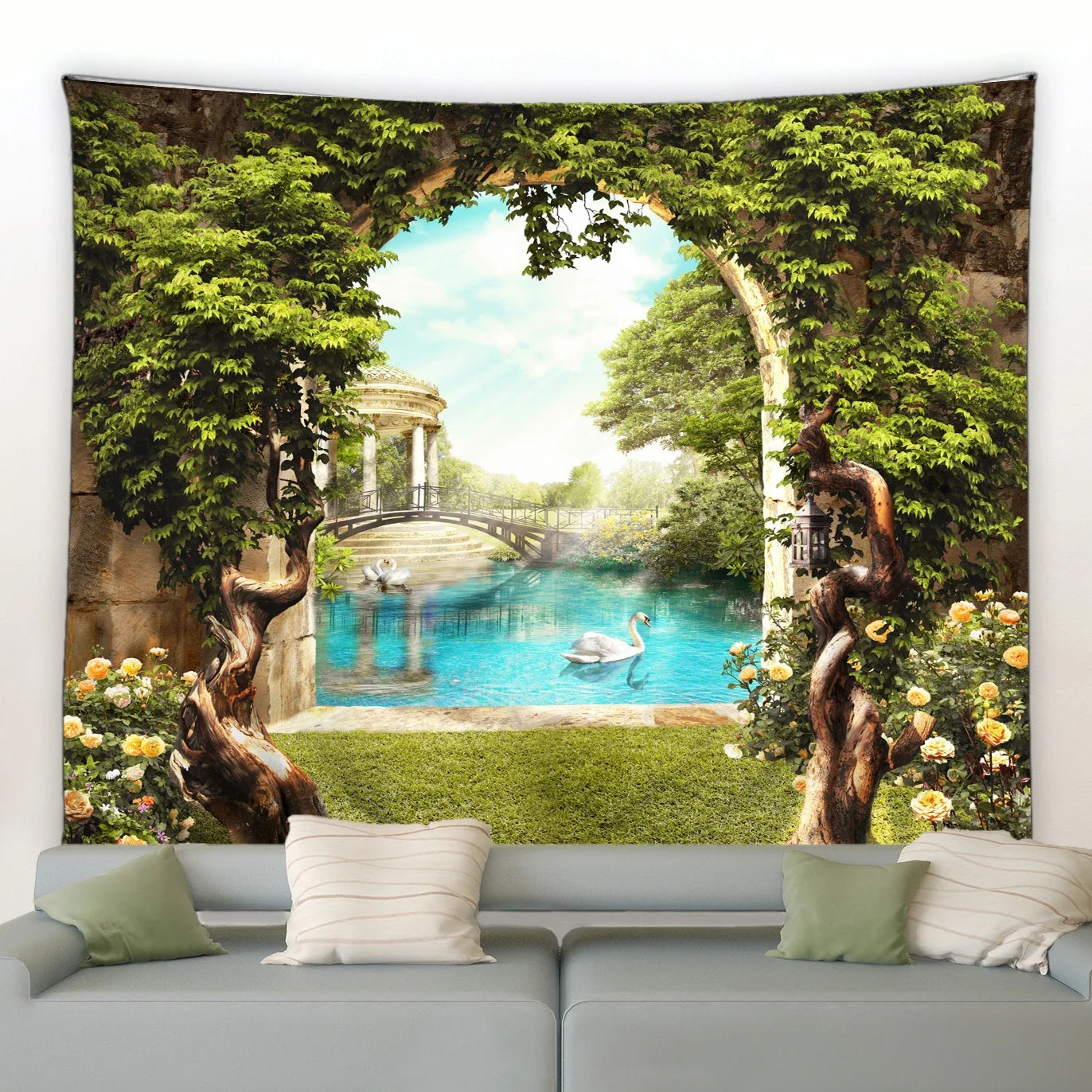 Frühlingshafte Wandtapisserie mit Schmetterlingen und Blumenmotiv