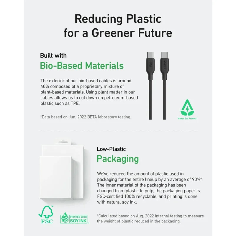Bio-basiertes USB-C Ladekabel 240W, 1.8m, langlebig - schnellladefähig