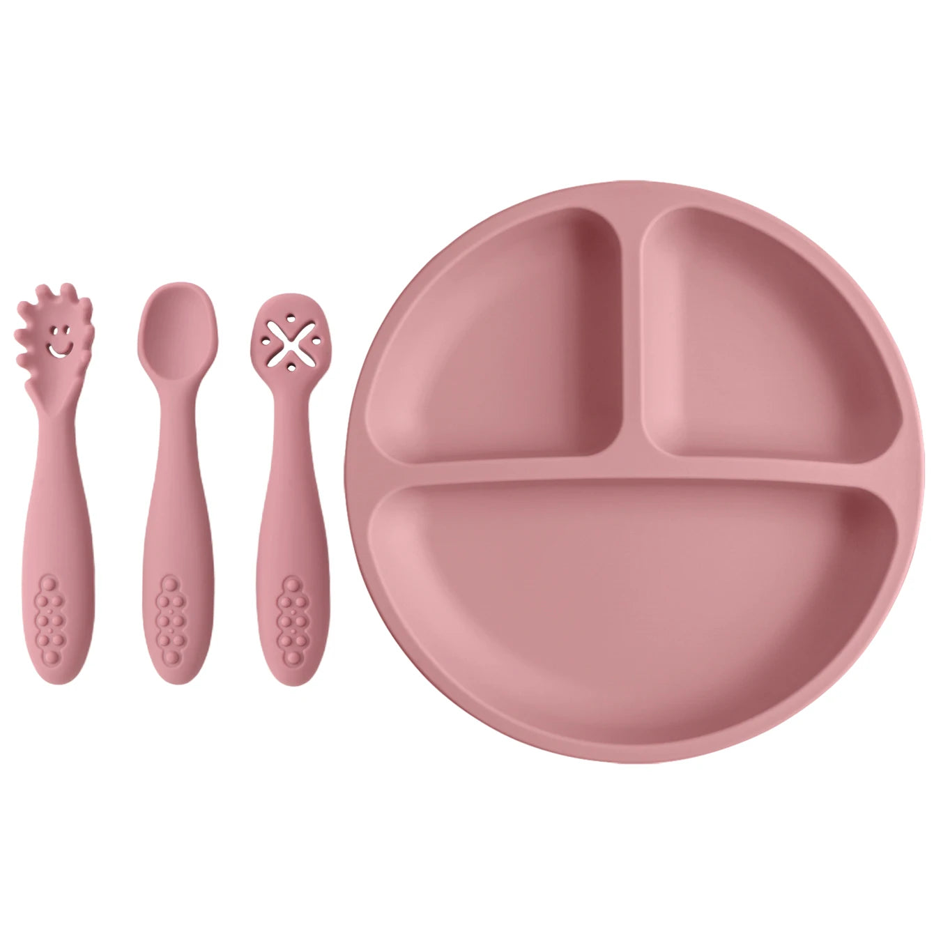 4-teiliges Silikon Baby Fütterungsset BPA-frei mit Saugplatte Löffel Gabel