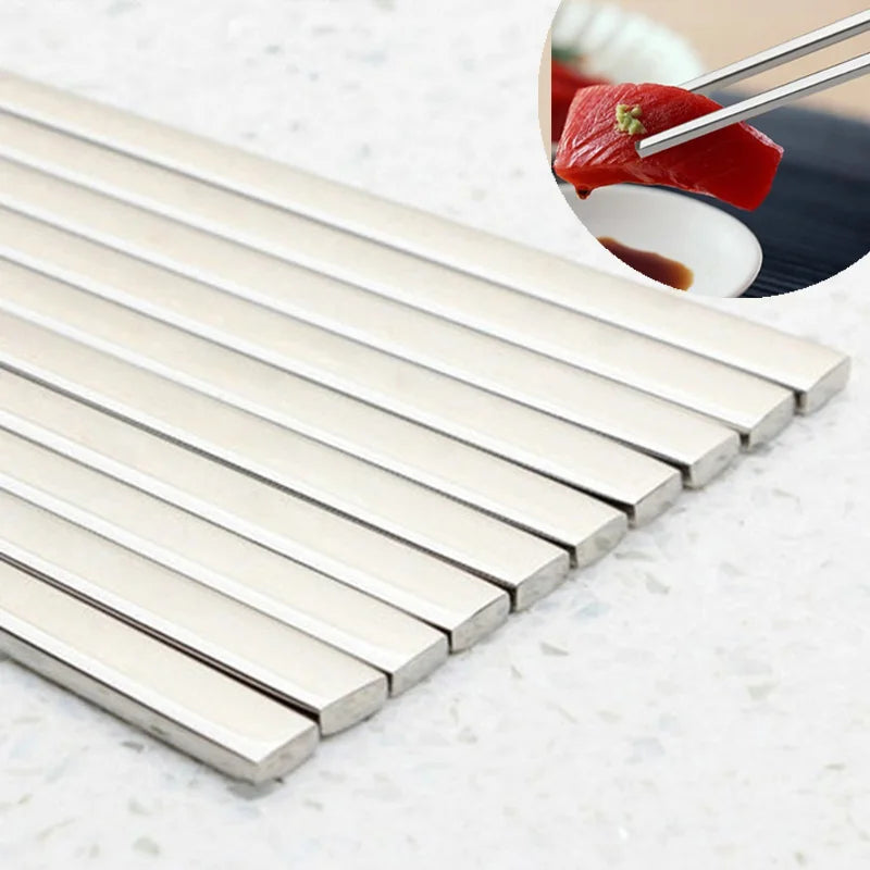 5 Paar Edelstahl Essstäbchen flach Küchenzubehör für Sushi und Asian Food