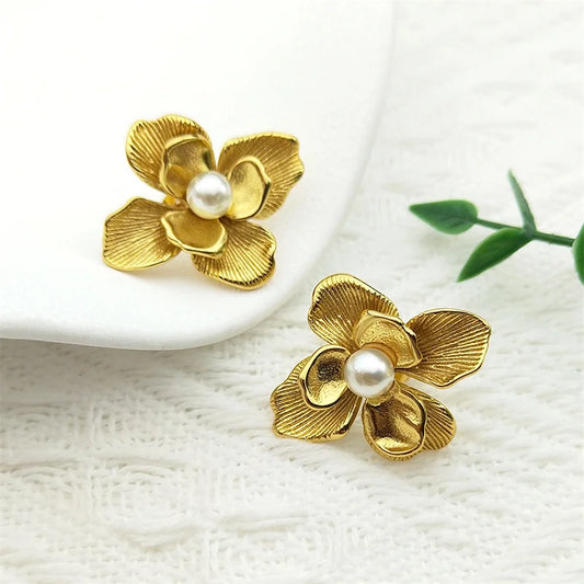 Gardenia Blume Imitation Perlen Ohrringe Edelstahl Gold Farbe Damen