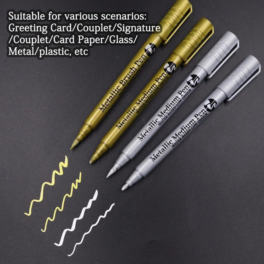 2er-Set Metall-Marker in Gold - Silber mit Spitze und Bürste, schnell trocknend