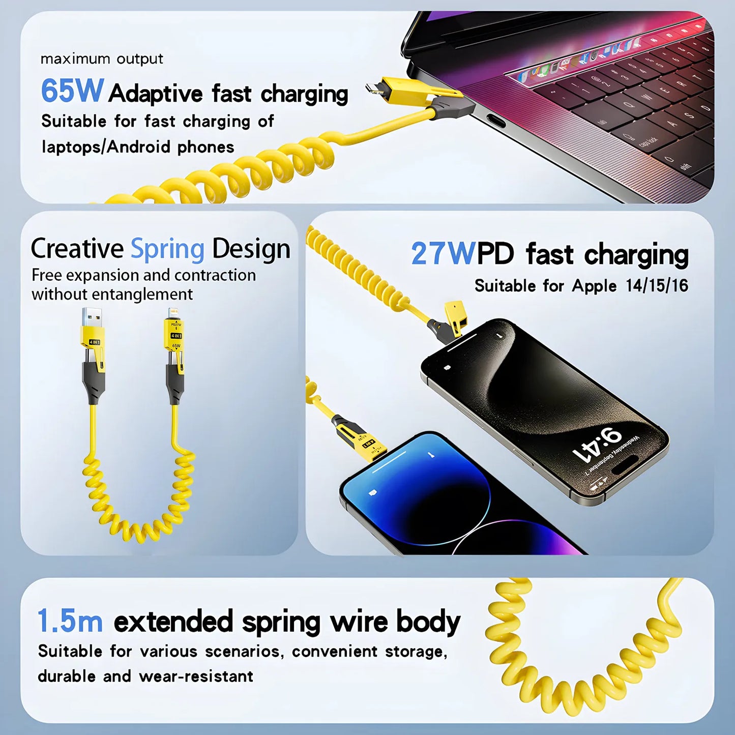 65W USB C - Lightning Datenkabel 4-in-1 Ausziehbar 6A Schnellladekabel