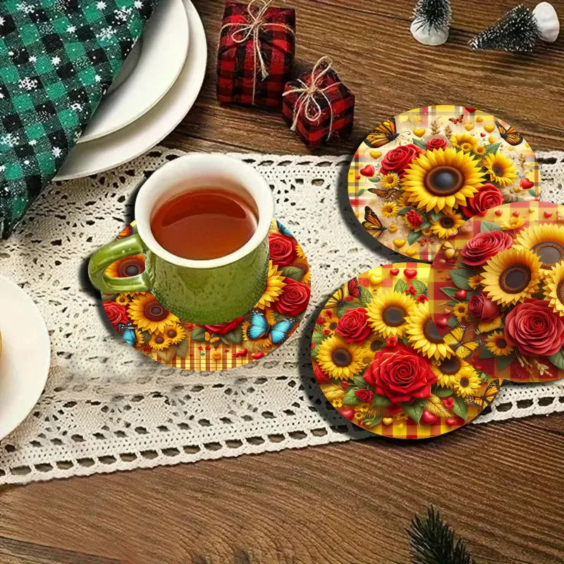 4er Set bunte Sonnenblumen Holz-Untersetzer rutschfest für Küche Büro