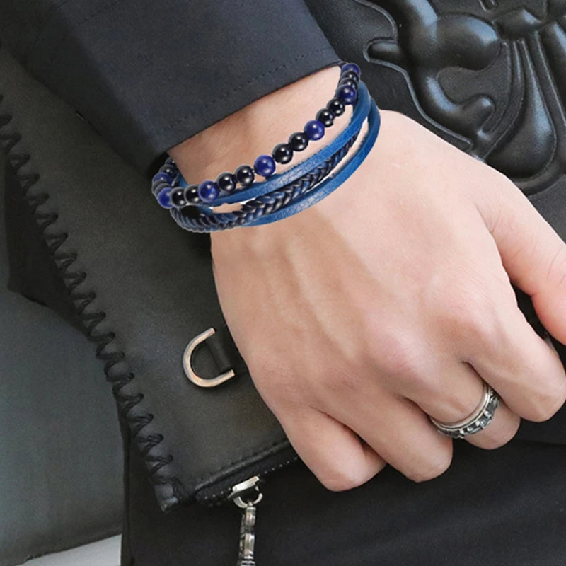 Punk Herren Perlen Armband mit Blauem Lapis Lazuli Multilayer Leder