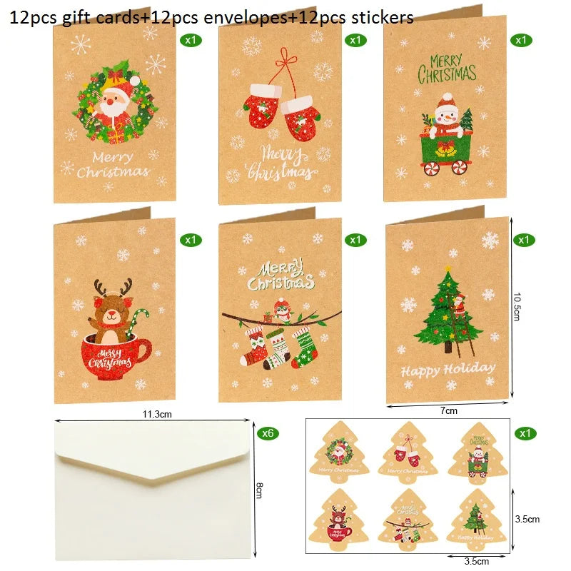 12er Set Weihnachts Grußkarten mit Umschlägen und Stickern