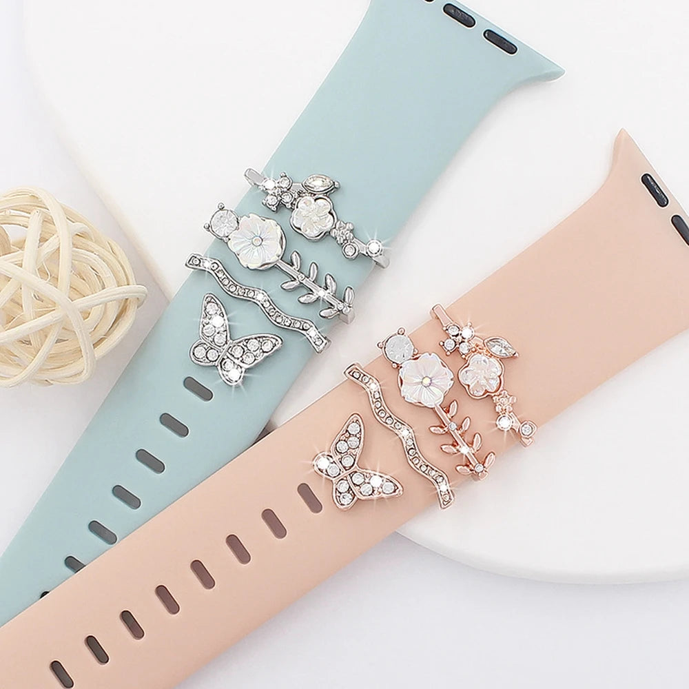 4 Stück Schmetterlings-Blumen-Armband-Ringschlaufen, Nägel, Nieten, niedliche Strass-Uhrenarmband-Charms, Dekorationen für Iwatch-Armband-Yabubest - Home & More