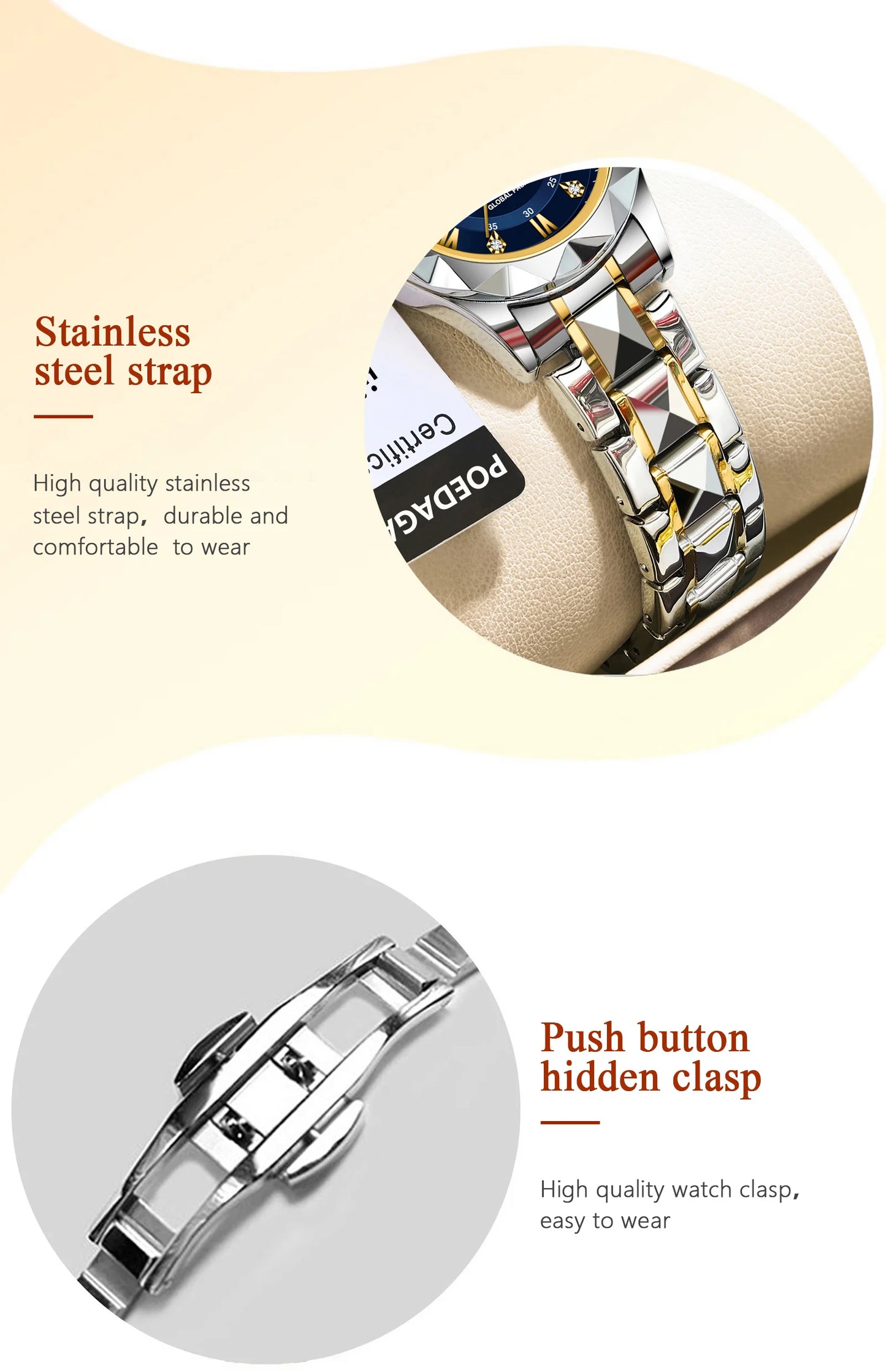 Elegante Damenuhr mit Leuchtzeigern und wasserdichtem Edelstahlgehäuse