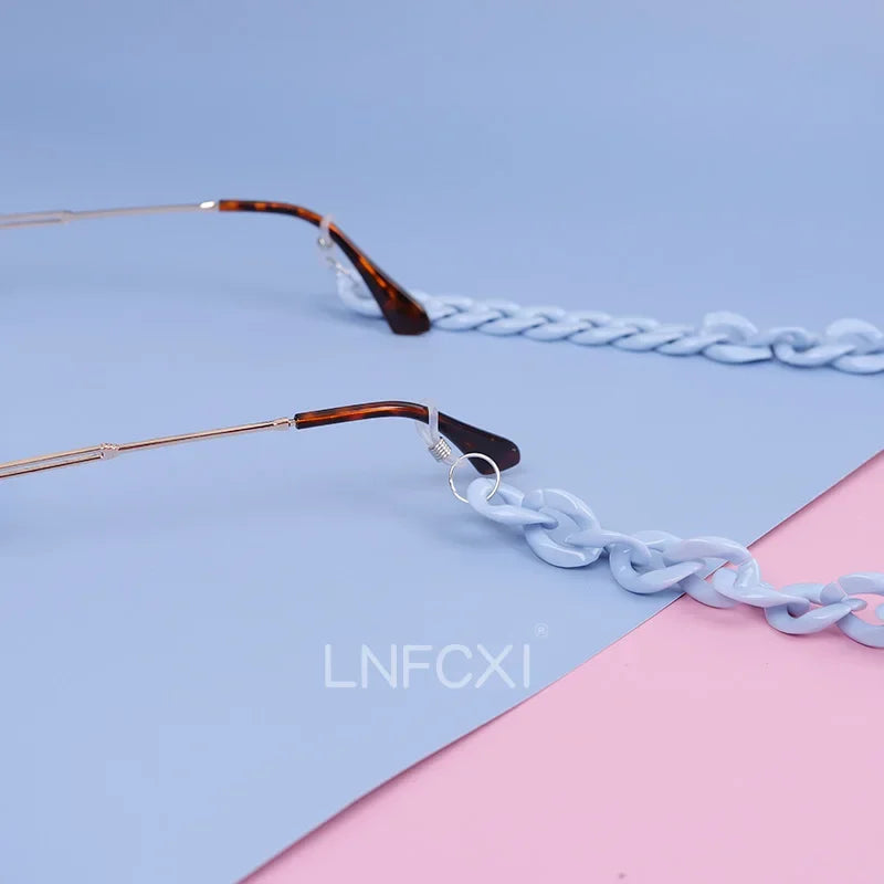 Retro Acryl Brillenkette mit blauem Band für Sonnen und Lesebrillen