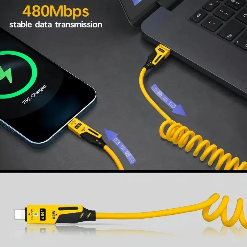 4-in-1 65W USB-C Schnellladekabel mit Teleskopfunktion für Mobilgeräte