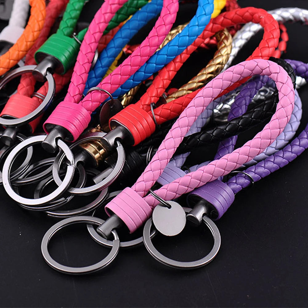 Mehrfarbiger Pu-Leder Schlüsselanhänger mit gewebtem Seil für Männer Frauen