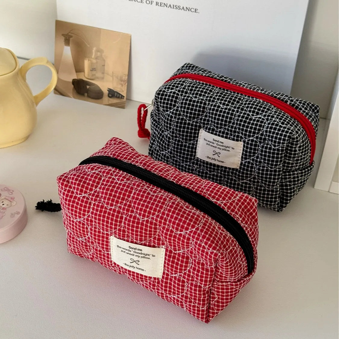 Gesteppte herzförmige karierte Damen Kosmetiktasche große Kapazität