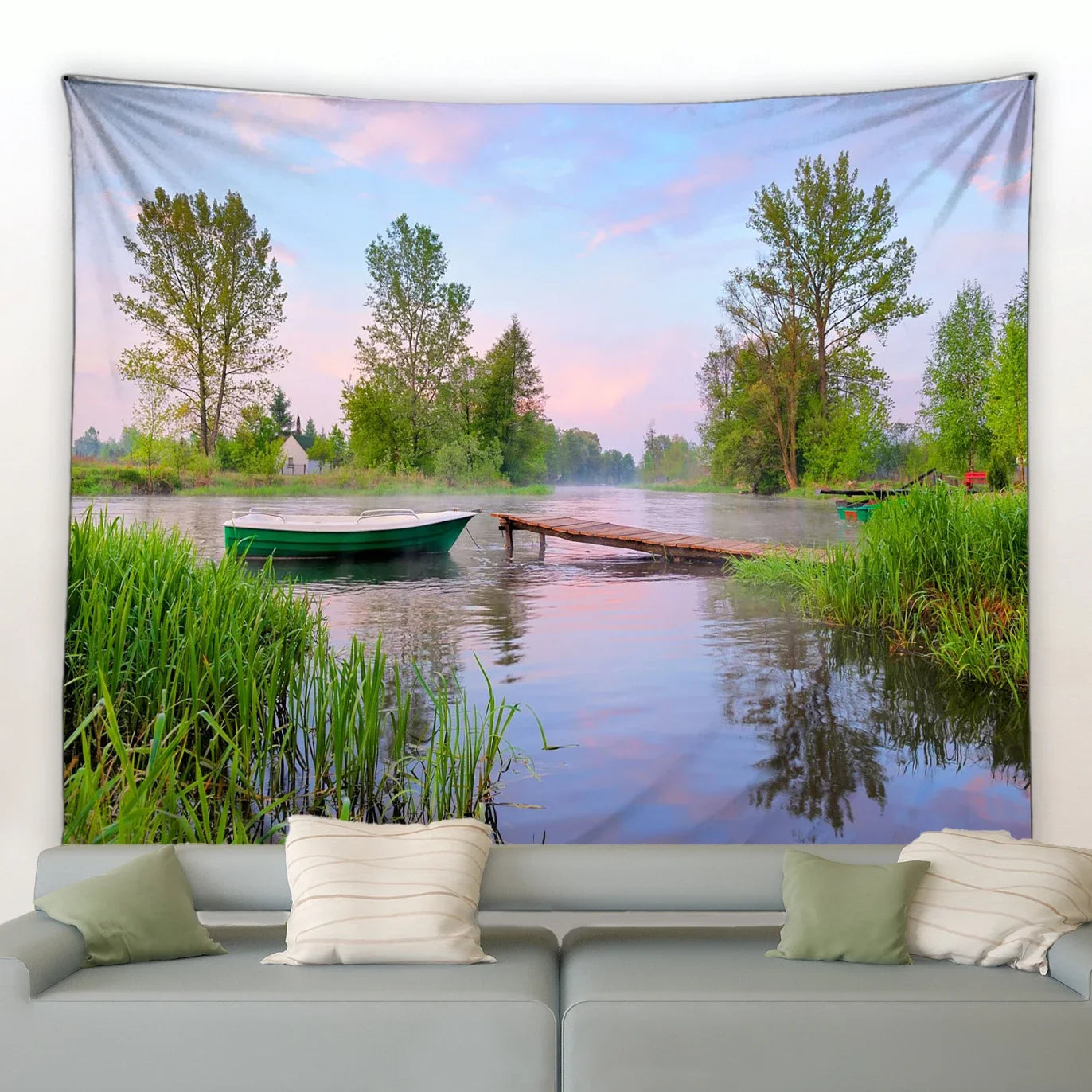 Ländliche Landschafts Tapisserie mit Wald und Wasserfall Motiv