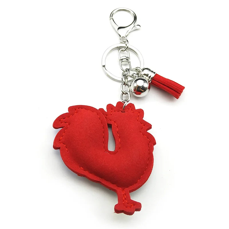 Bunter großer Hahn Schlüsselanhänger mit Kristallen Leder Metall Silbern