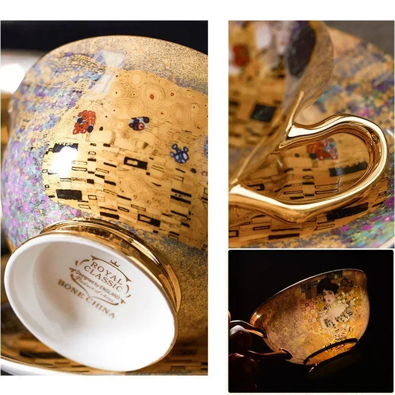 Edle Bone China Kaffeetasse 220ml mit Löffel im Gustav Klimt Stil – Geschenkidee