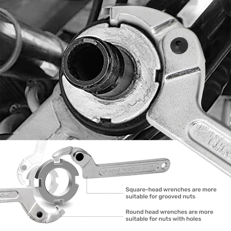 Verstellbarer Schraubenschlüssel mit Hakenschlüssel und rundem Kopf aus Stahl