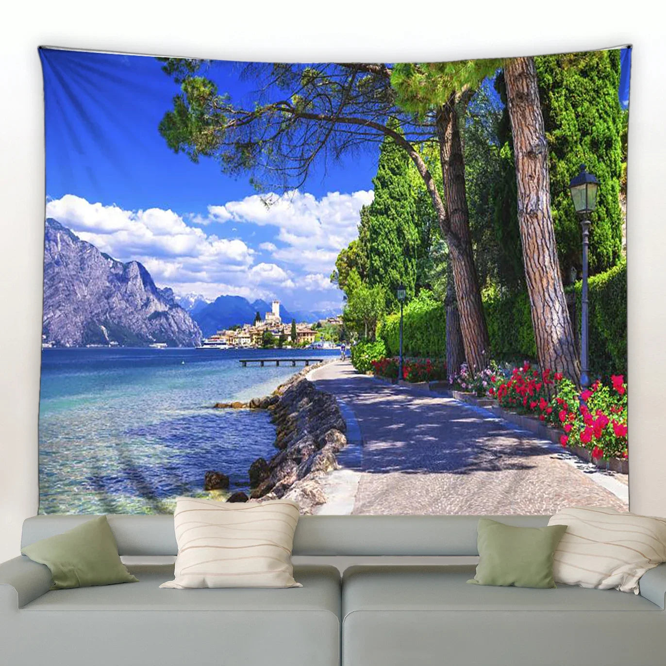 Ländliche Landschafts Tapisserie mit Wald und Wasserfall Motiv