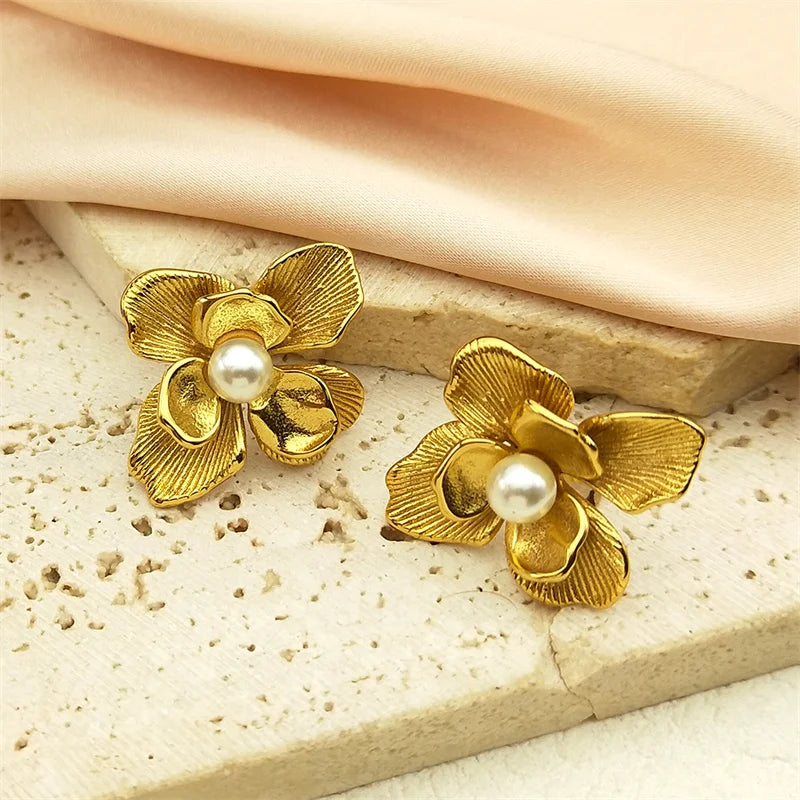 Gardenia Blume Imitation Perlen Ohrringe Edelstahl Gold Farbe Damen