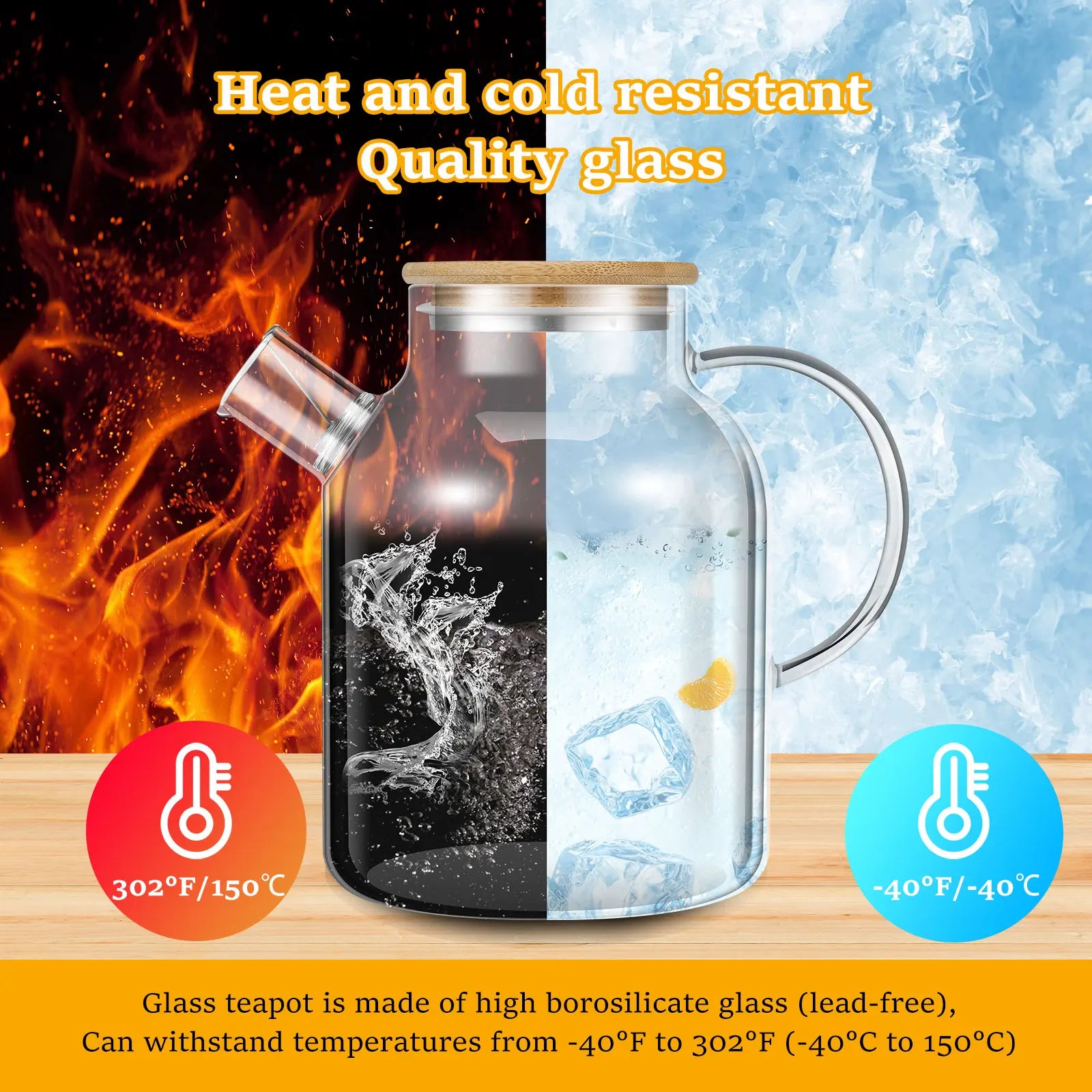 Multifunktionaler Glaskrug mit Bambusdeckel und Griff 1800ml