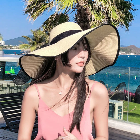 Sonnenschutz - Stil: Gelber Damen Strohhut mit großer 15 cm Krempe