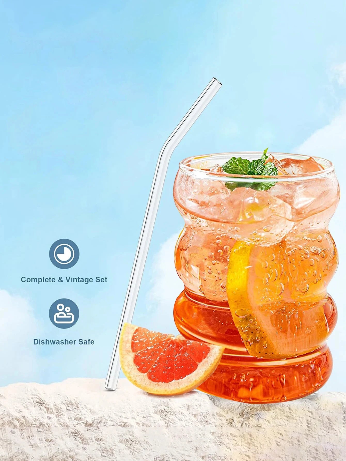 Vielseitiges 4-teiliges Glasbecher-Set mit geripptem Design, Strohhalmen & Bürste
