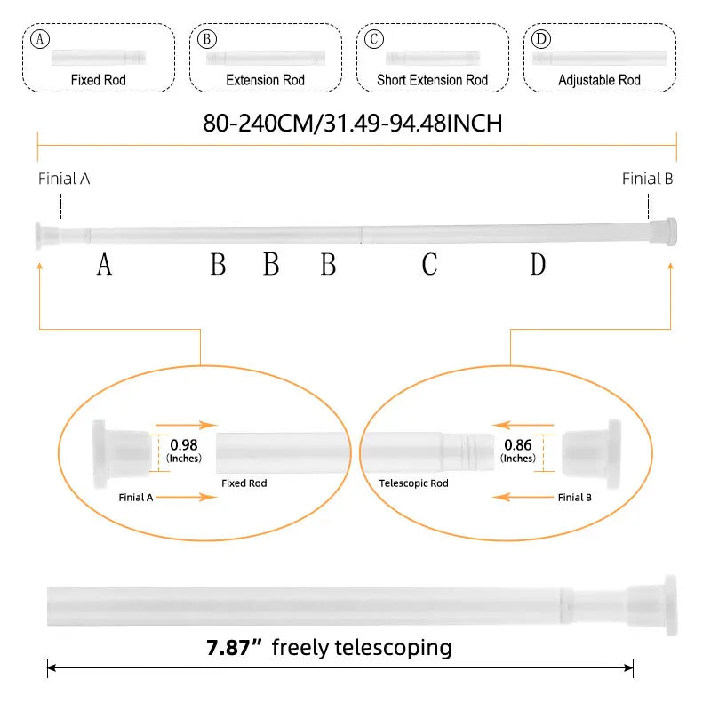 Verstellbare Duschvorhangstange Edelstahl Teleskop 80 bis 240 cm