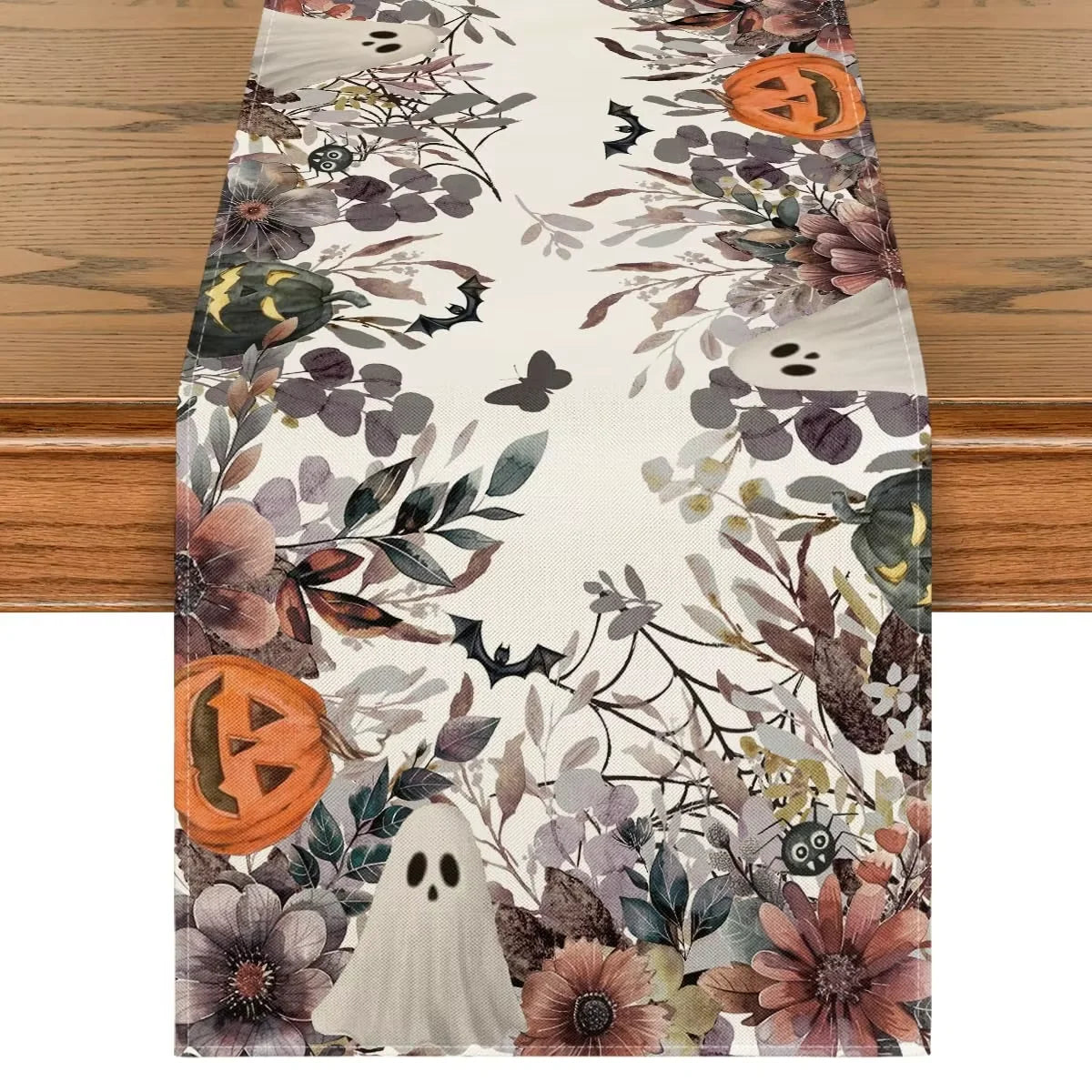 Waschbarer Halloween Tischläufer mit Kürbis und Eukalyptus Design