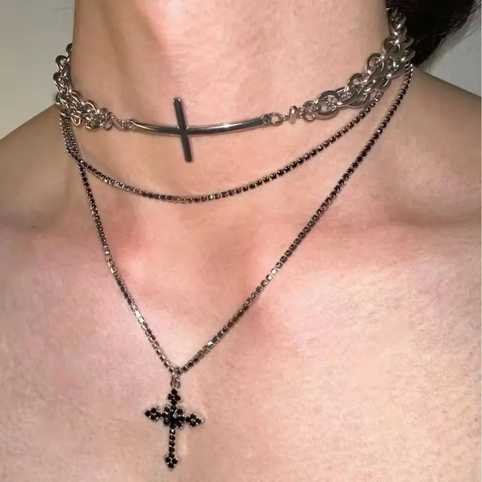 Unisex Doppelschicht Kette mit Punk Stern Herz und Kreuz Edelstahl